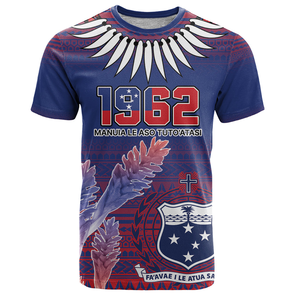 Custom Samoa 1962 Independence Day Custom T Shirt Manuia le Aso Tuto'atasi Ula Nifo Blue Art