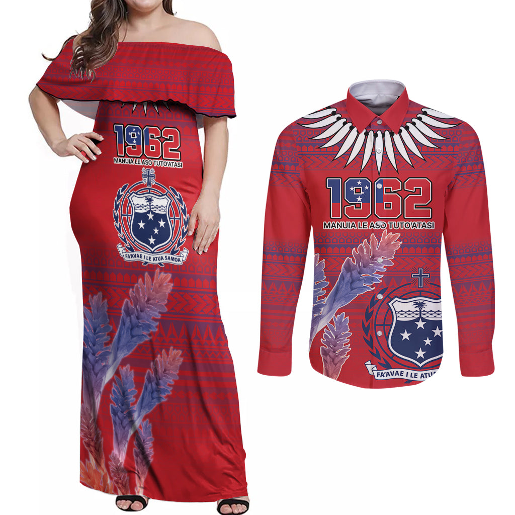 Custom Samoa 1962 Independence Day Custom Couples Matching Off Shoulder Maxi Dress and Long Sleeve Button Shirt Manuia le Aso Tuto'atasi Ula Nifo Red Art