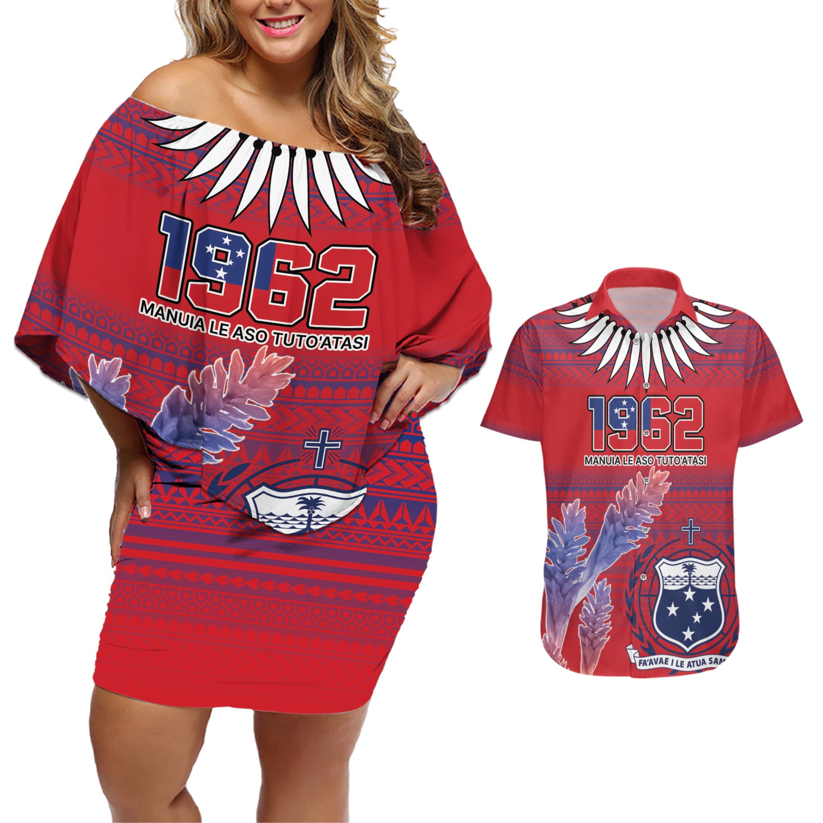 Custom Samoa 1962 Independence Day Custom Couples Matching Off Shoulder Short Dress and Hawaiian Shirt Manuia le Aso Tuto'atasi Ula Nifo Red Art