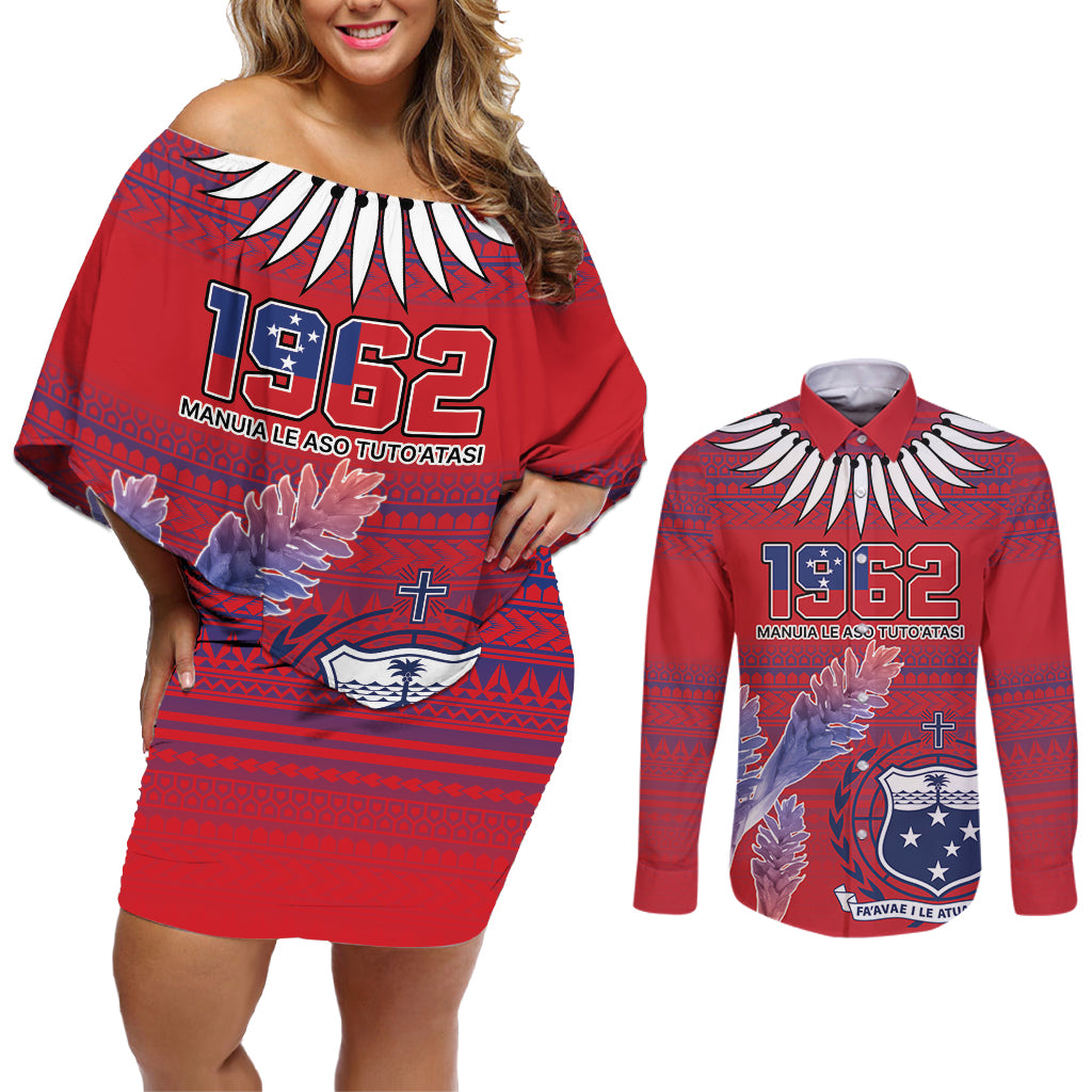 Custom Samoa 1962 Independence Day Custom Couples Matching Off Shoulder Short Dress and Long Sleeve Button Shirt Manuia le Aso Tuto'atasi Ula Nifo Red Art