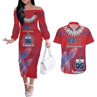 Custom Samoa 1962 Independence Day Custom Couples Matching Off The Shoulder Long Sleeve Dress and Hawaiian Shirt Manuia le Aso Tuto'atasi Ula Nifo Red Art