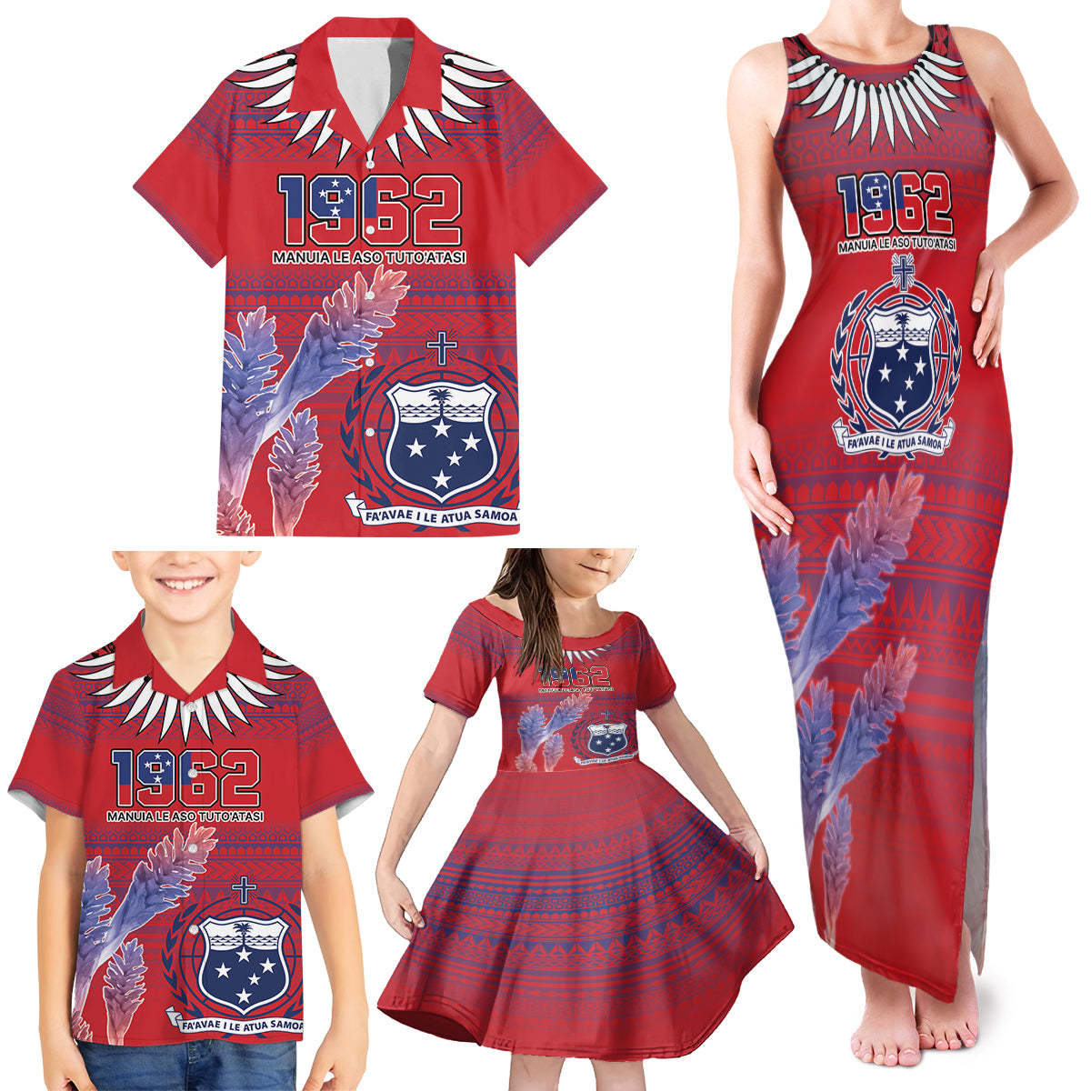 Custom Samoa 1962 Independence Day Custom Family Matching Tank Maxi Dress and Hawaiian Shirt Manuia le Aso Tuto'atasi Ula Nifo Red Art