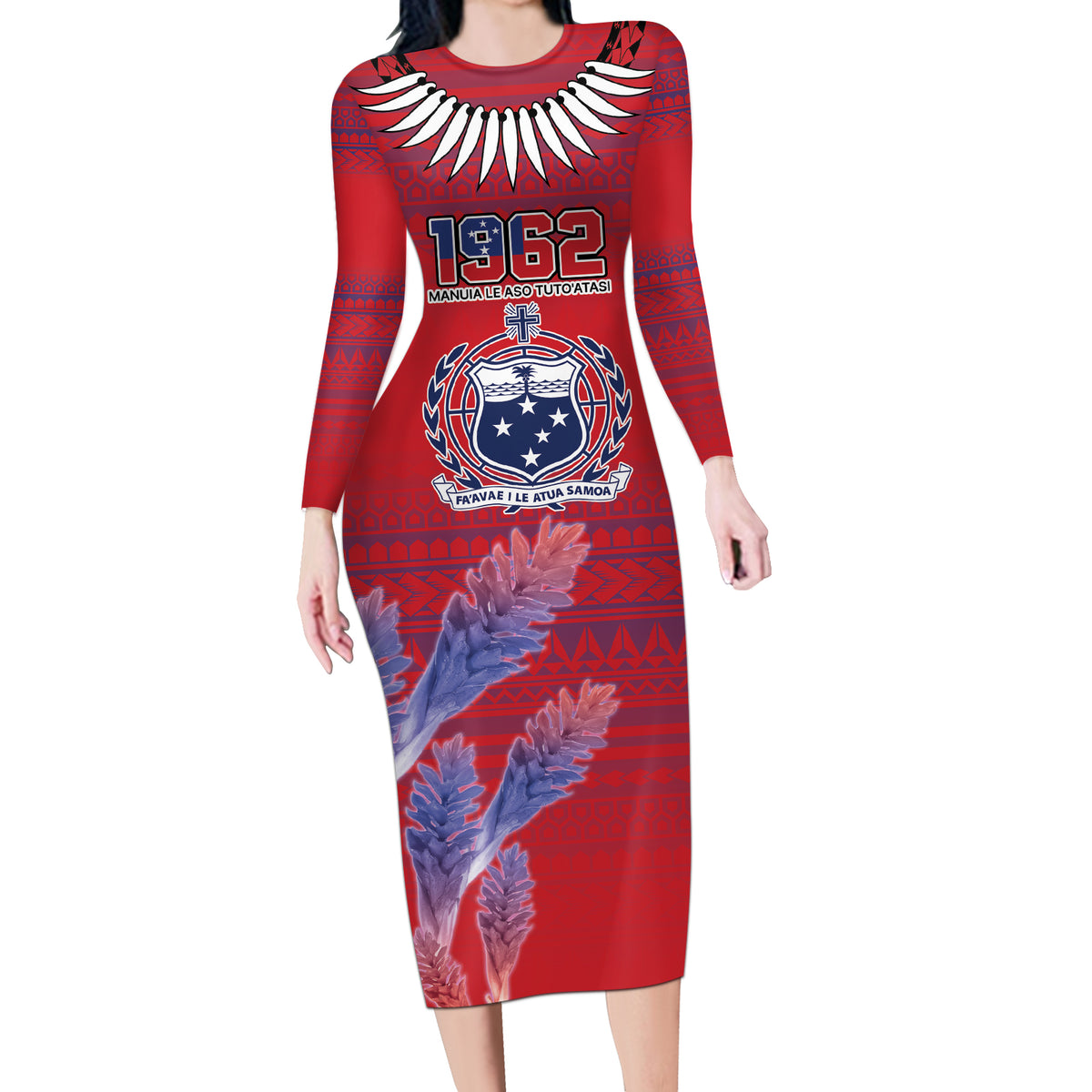 Custom Samoa 1962 Independence Day Custom Long Sleeve Bodycon Dress Manuia le Aso Tuto'atasi Ula Nifo Red Art