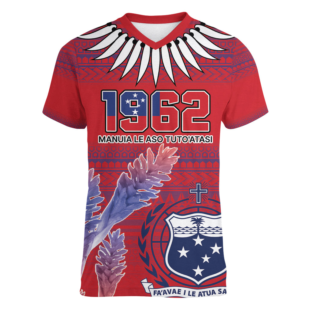 Custom Samoa 1962 Independence Day Custom Women V-Neck T-Shirt Manuia le Aso Tuto'atasi Ula Nifo Red Art