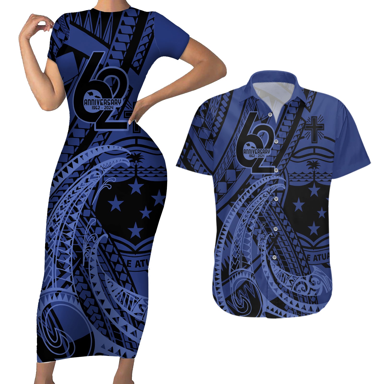 Custom Samoa 62nd Manuia le Aso Tuto'atasi Couples Matching Short Sleeve Bodycon Dress and Hawaiian Shirt Samoan Tatau Blue Art