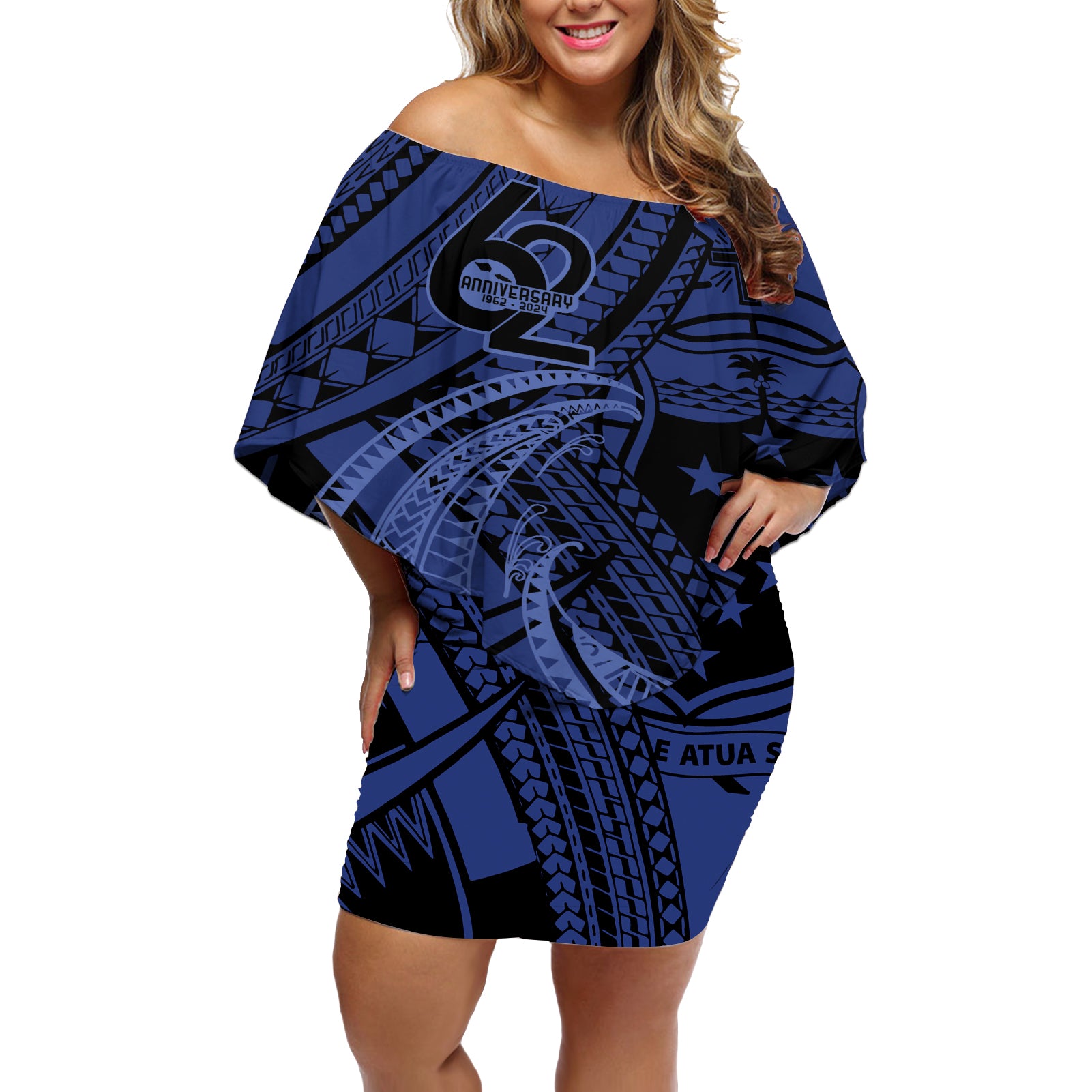 Custom Samoa 62nd Manuia le Aso Tuto'atasi Off Shoulder Short Dress Samoan Tatau Blue Art