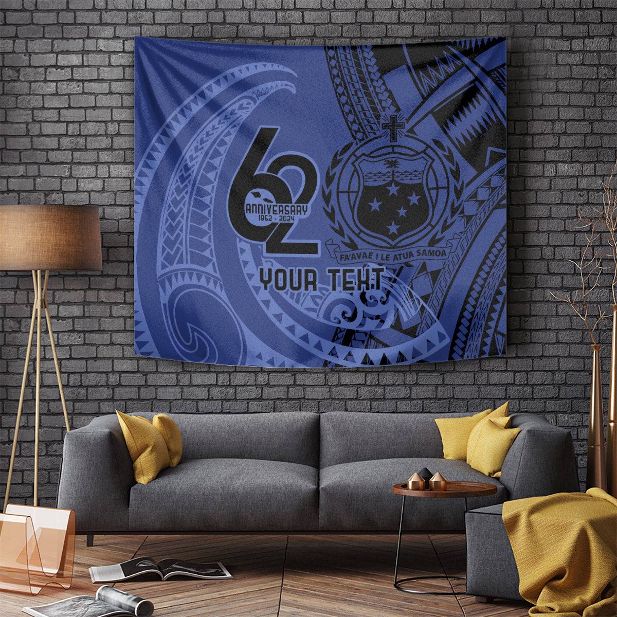 Custom Samoa 62nd Manuia le Aso Tuto'atasi Tapestry Samoan Tatau Blue Art