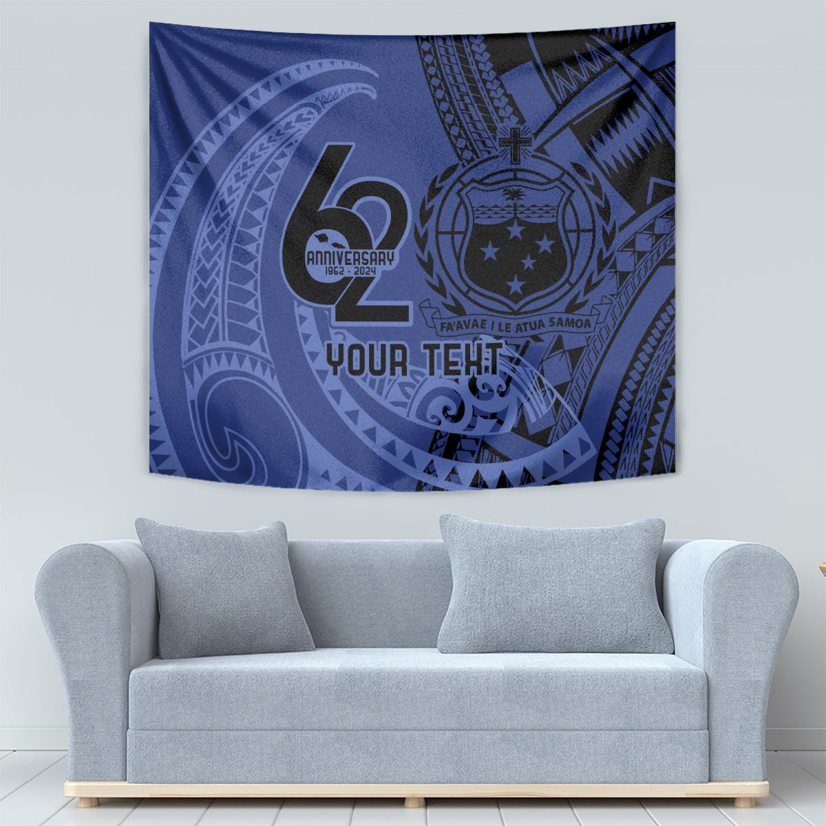 Custom Samoa 62nd Manuia le Aso Tuto'atasi Tapestry Samoan Tatau Blue Art