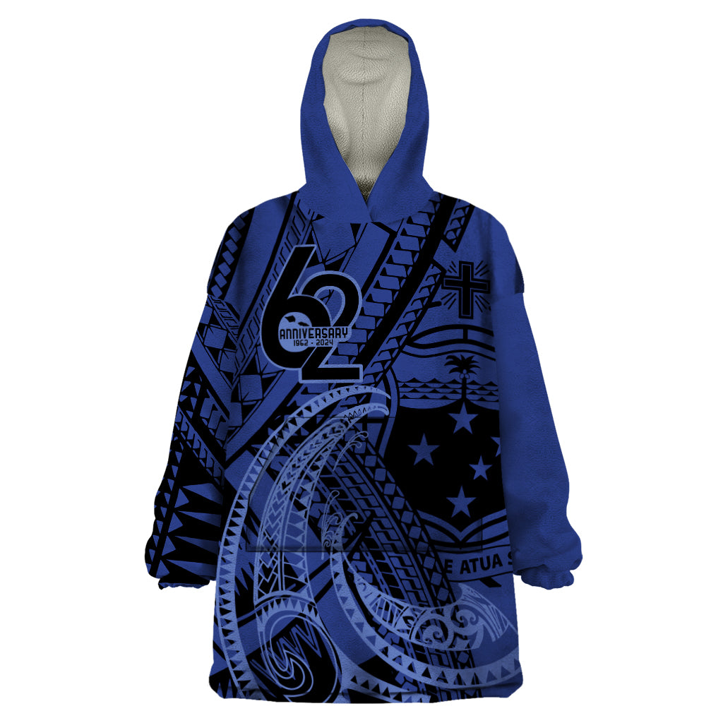 Custom Samoa 62nd Manuia le Aso Tuto'atasi Wearable Blanket Hoodie Samoan Tatau Blue Art