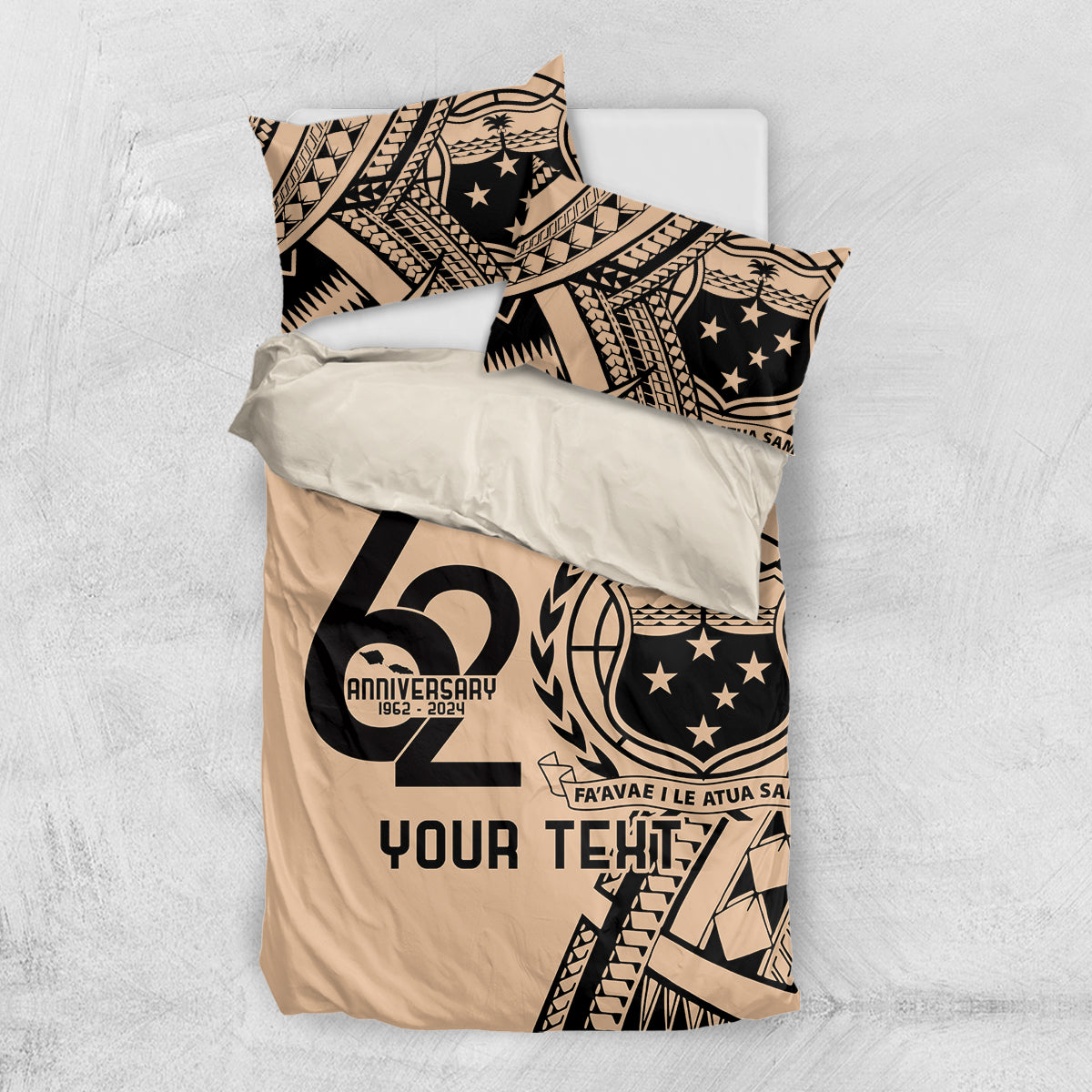 Custom Samoa Manuia le 62 Tausaga O le Tuto’atasi Bedding Set Samoan Tatau Beige Art