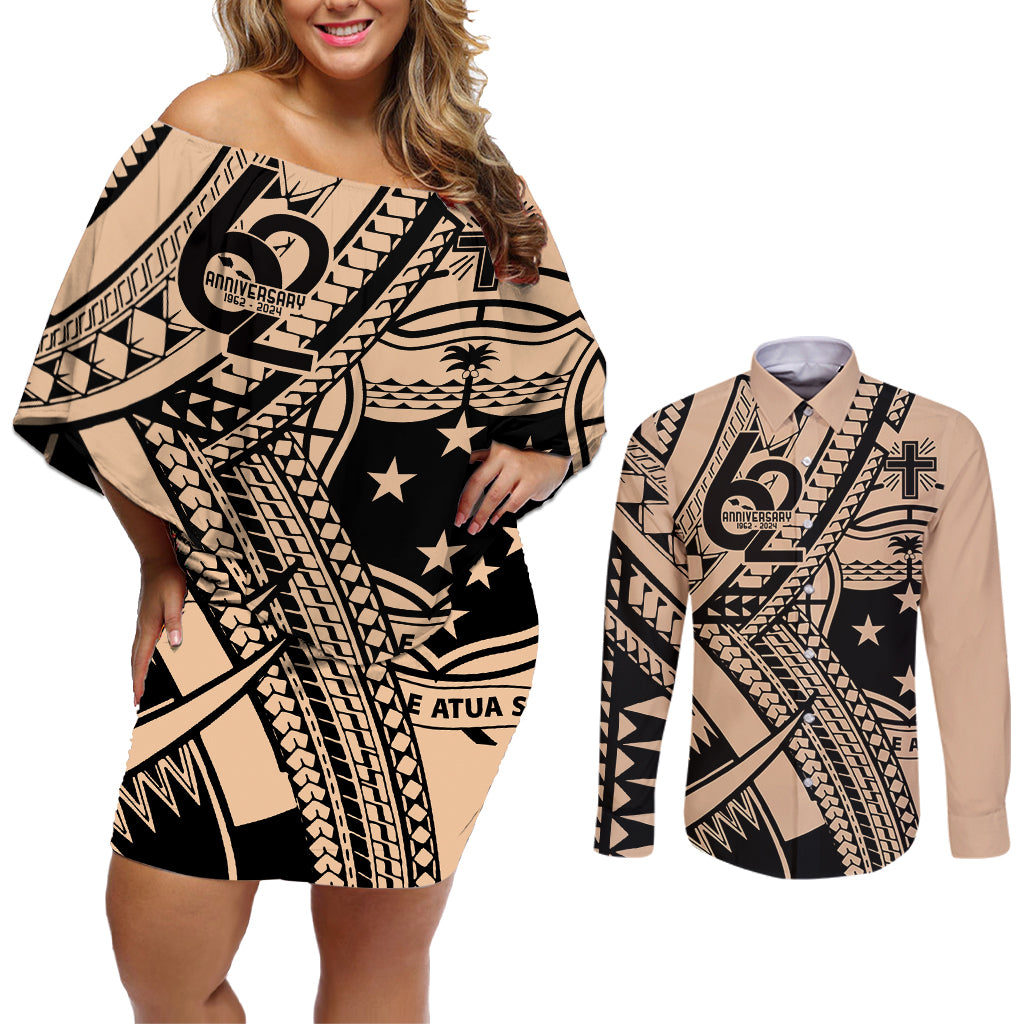 Custom Samoa Manuia le 62 Tausaga O le Tuto’atasi Couples Matching Off Shoulder Short Dress and Long Sleeve Button Shirt Samoan Tatau Beige Art