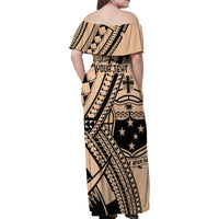 Custom Samoa Manuia le 62 Tausaga O le Tuto’atasi Family Matching Off Shoulder Maxi Dress and Hawaiian Shirt Samoan Tatau Beige Art