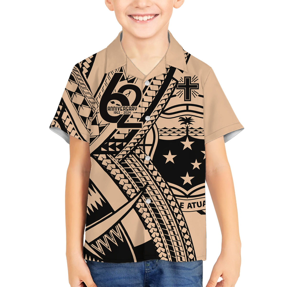 Custom Samoa Manuia le 62 Tausaga O le Tuto’atasi Family Matching Tank Maxi Dress and Hawaiian Shirt Samoan Tatau Beige Art
