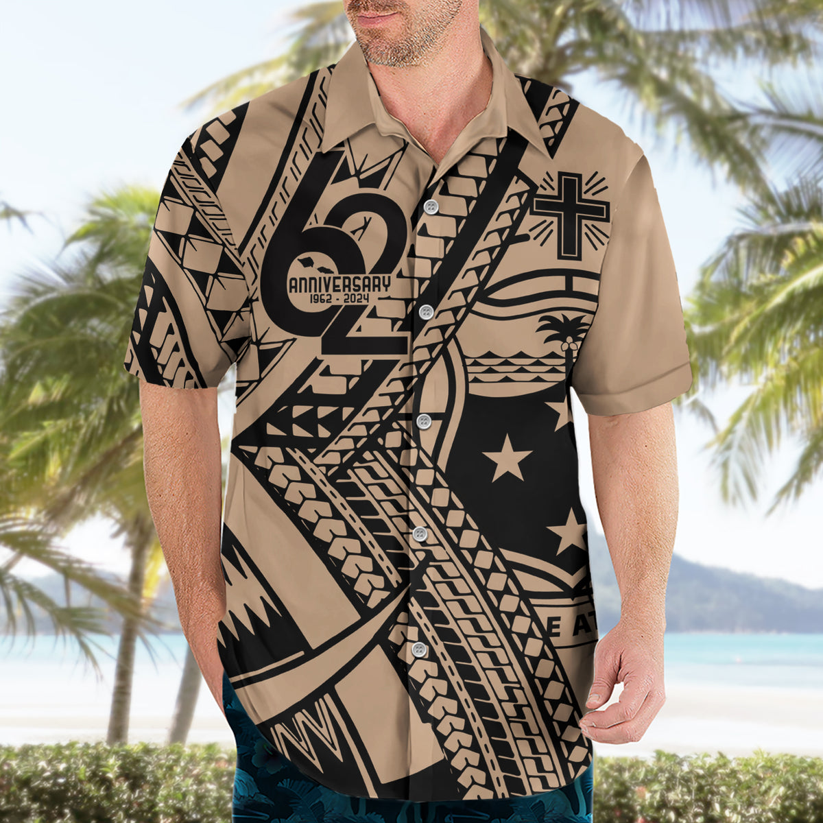 Custom Samoa Manuia le 62 Tausaga O le Tuto’atasi Hawaiian Shirt Samoan Tatau Beige Art