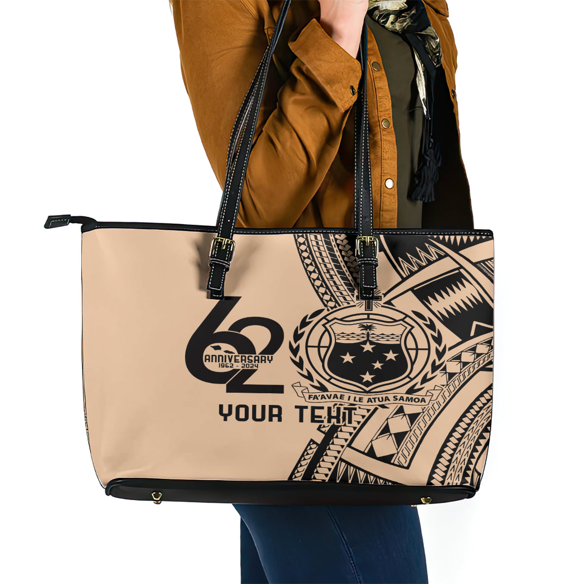 Custom Samoa Manuia le 62 Tausaga O le Tuto’atasi Leather Tote Bag Samoan Tatau Beige Art