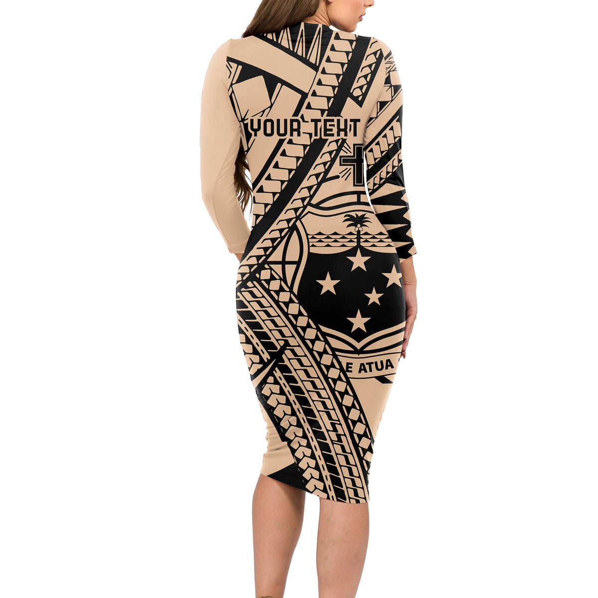 Custom Samoa Manuia le 62 Tausaga O le Tuto’atasi Long Sleeve Bodycon Dress Samoan Tatau Beige Art