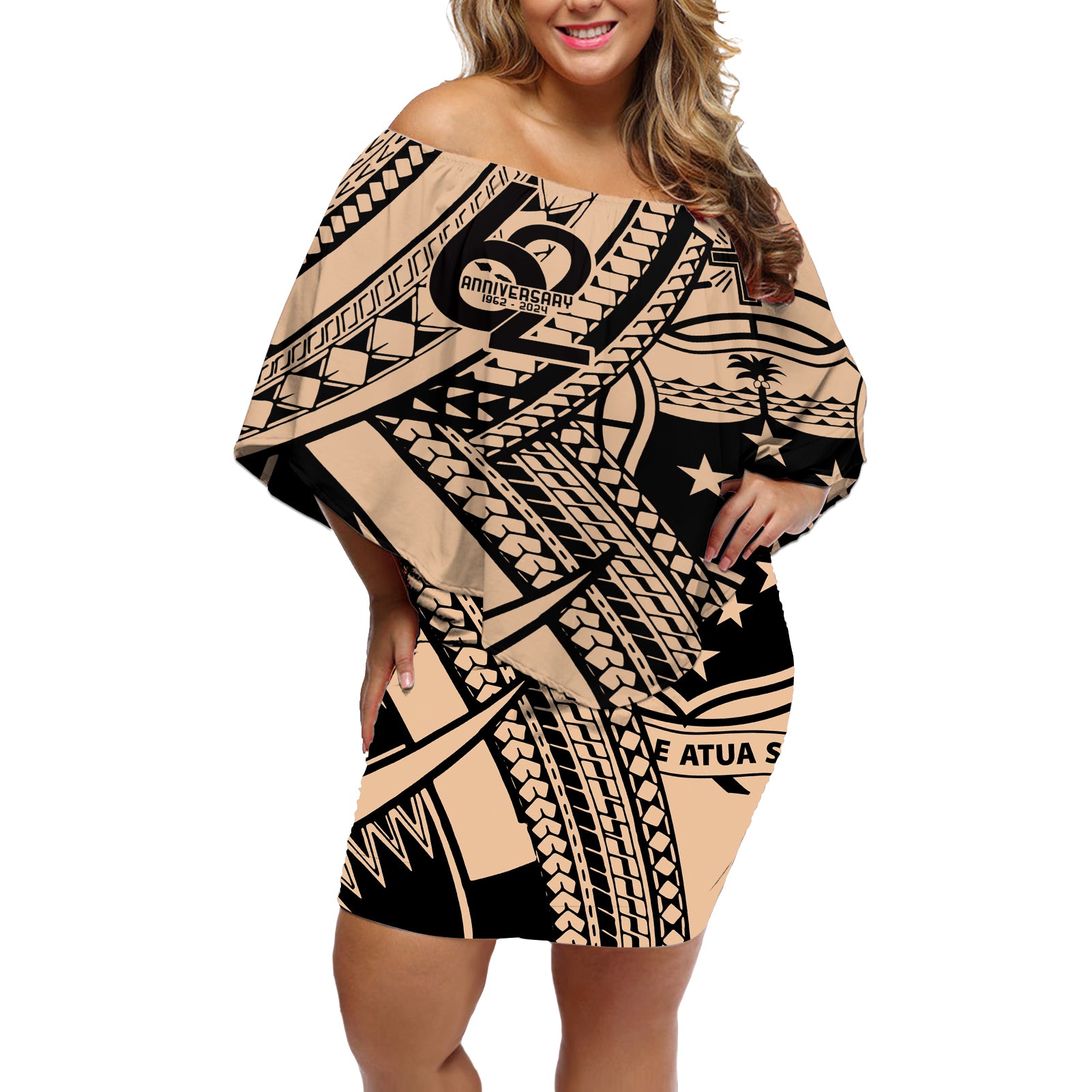 Custom Samoa Manuia le 62 Tausaga O le Tuto’atasi Off Shoulder Short Dress Samoan Tatau Beige Art