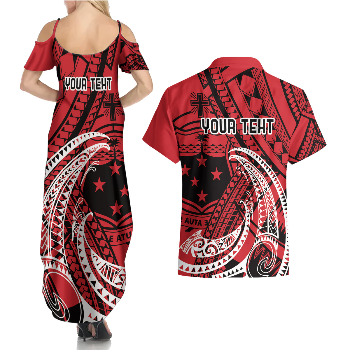 Custom Samoa Manuia le 62 Tausaga O le Tuto’atasi Couples Matching Summer Maxi Dress and Hawaiian Shirt Samoan Tatau Red Art