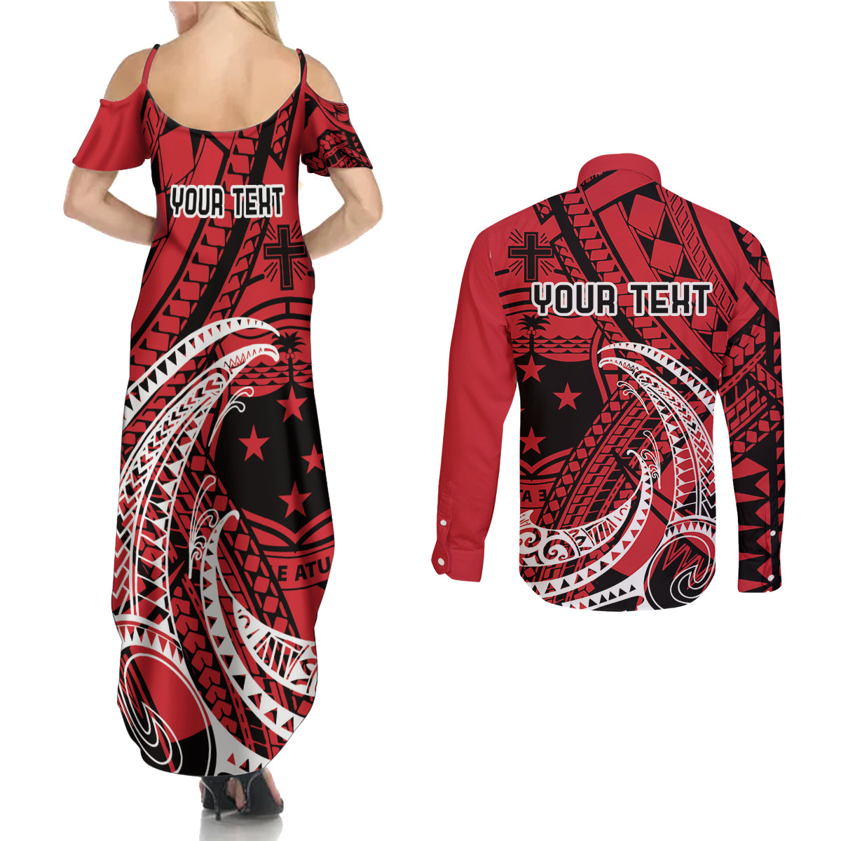 Custom Samoa Manuia le 62 Tausaga O le Tuto’atasi Couples Matching Summer Maxi Dress and Long Sleeve Button Shirt Samoan Tatau Red Art