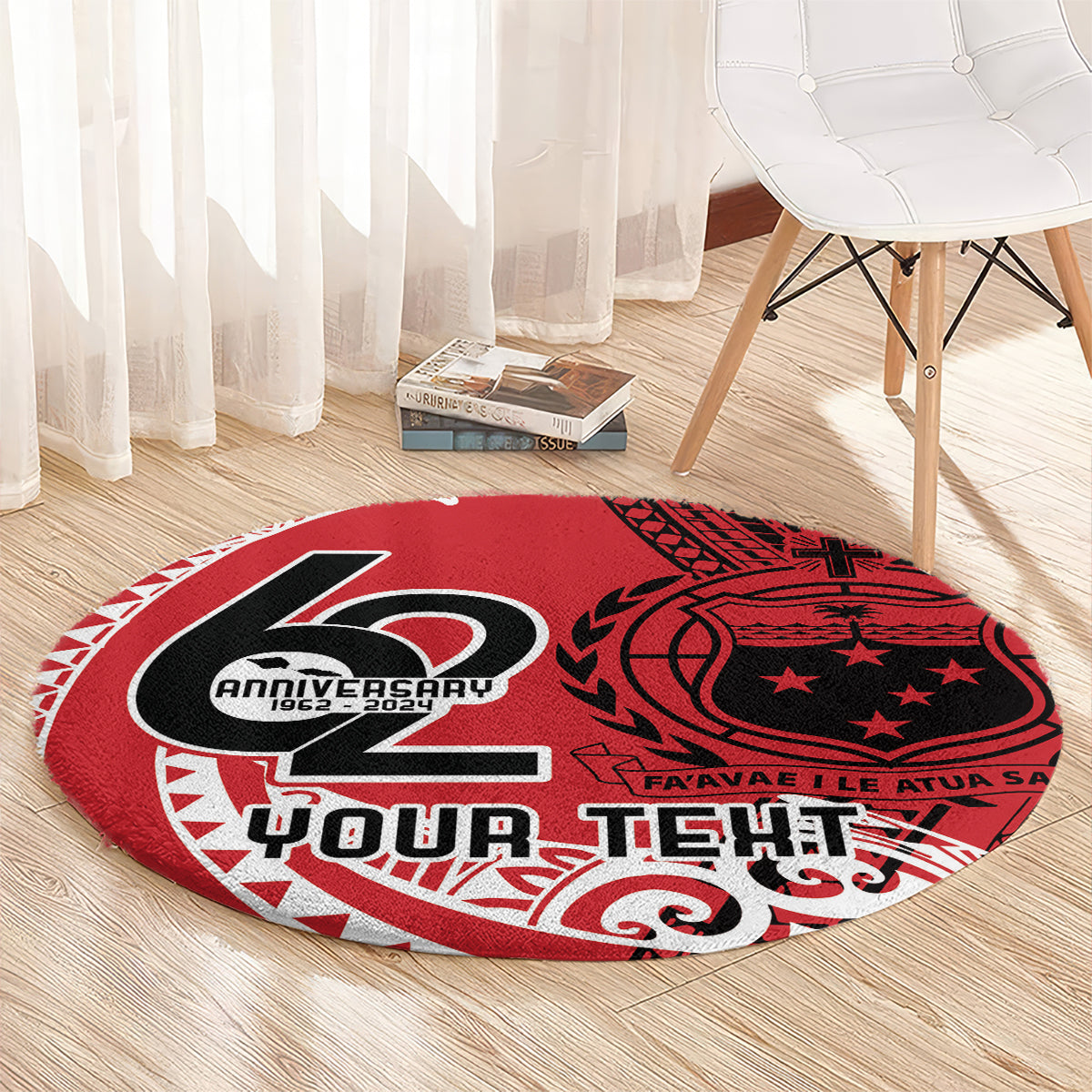 Custom Samoa Manuia le 62 Tausaga O le Tuto’atasi Round Carpet Samoan Tatau Red Art