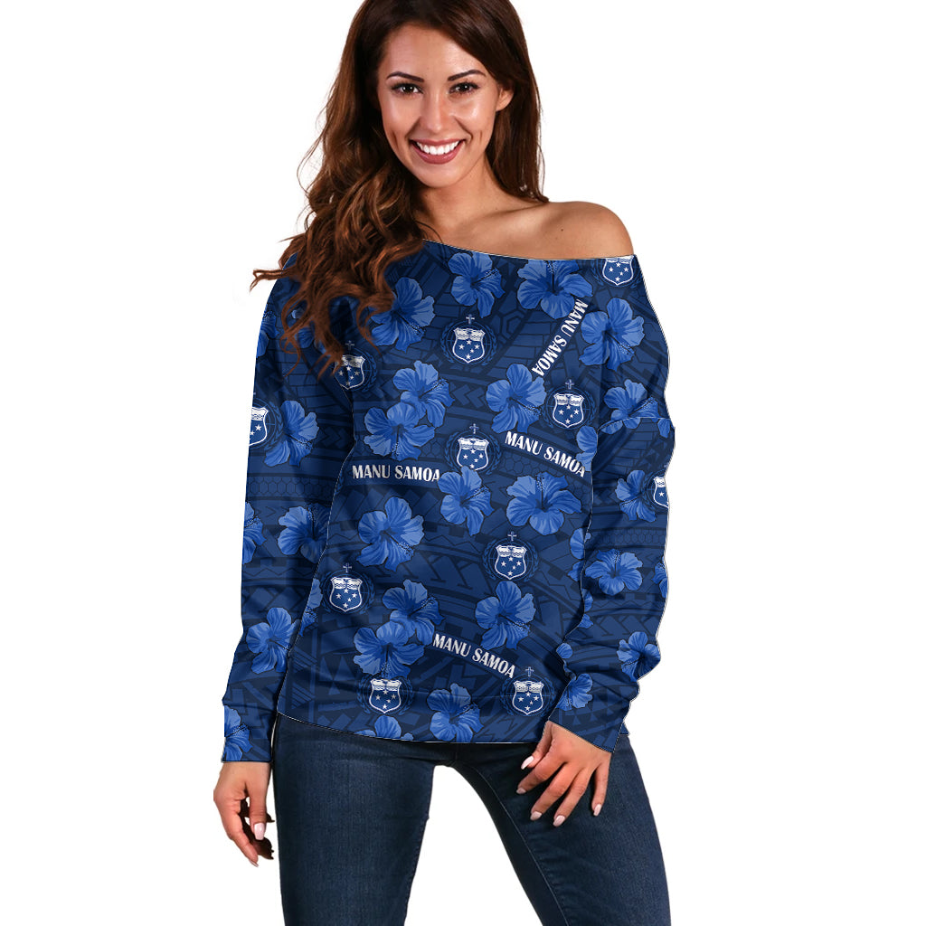 Manu Samoa Rugby Off Shoulder Sweater Polynesian Style With Hibiscus LT9 Women Blue - Polynesian Pride