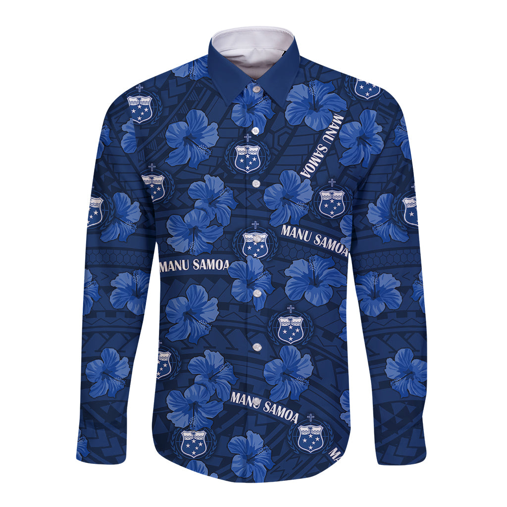 (Custom Text And Number) Manu Samoa Rugby Long Sleeve Button Shirt Polynesian Style With Hibiscus LT9 Unisex Blue - Polynesian Pride