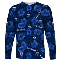 (Custom Text And Number) Manu Samoa Rugby Long Sleeve Shirt Polynesian Style With Hibiscus LT9 Unisex Blue - Polynesian Pride