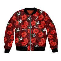 (Custom Text And Number) Tonga Rugby Bomber Jacket Polynesian Style With Hibiscus LT9 Unisex Red - Polynesian Pride