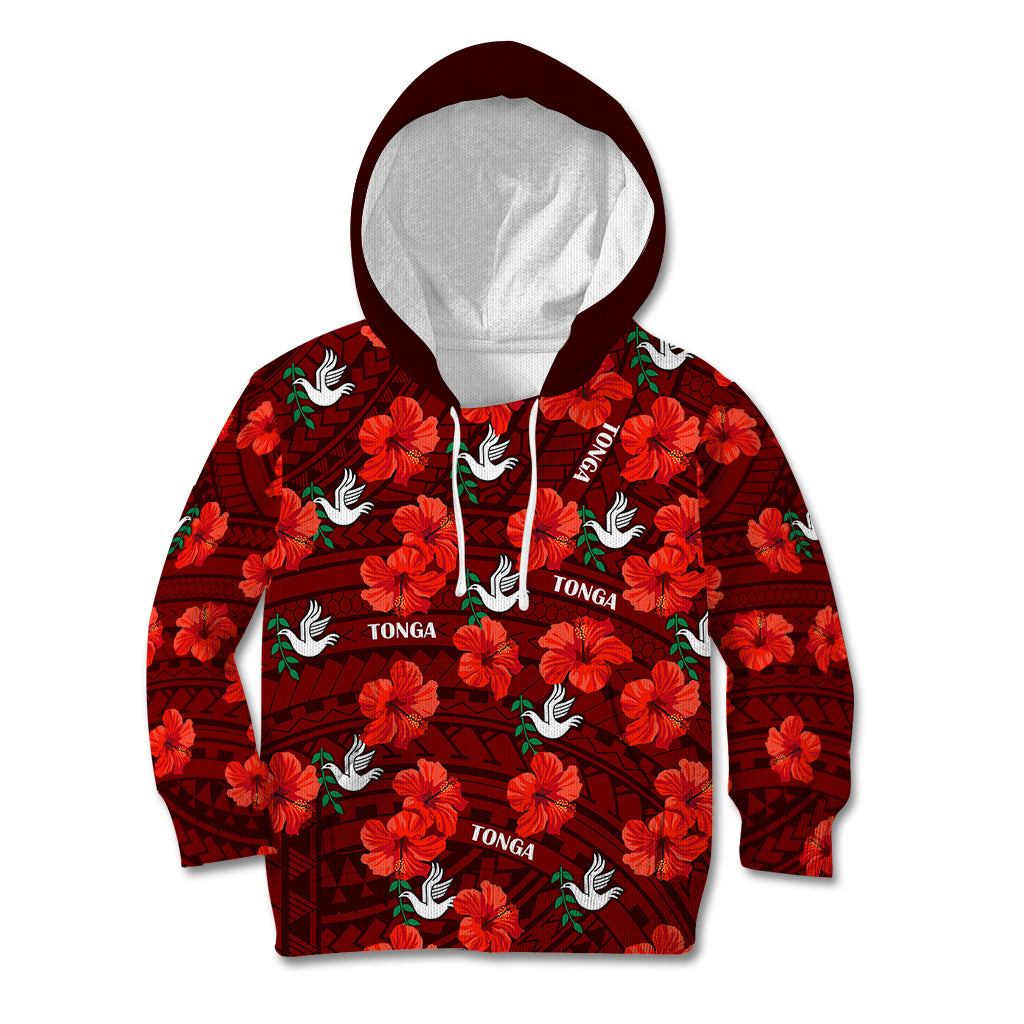 (Custom Text And Number) Tonga Rugby Kid Hoodie Polynesian Style With Hibiscus LT9 Red - Polynesian Pride