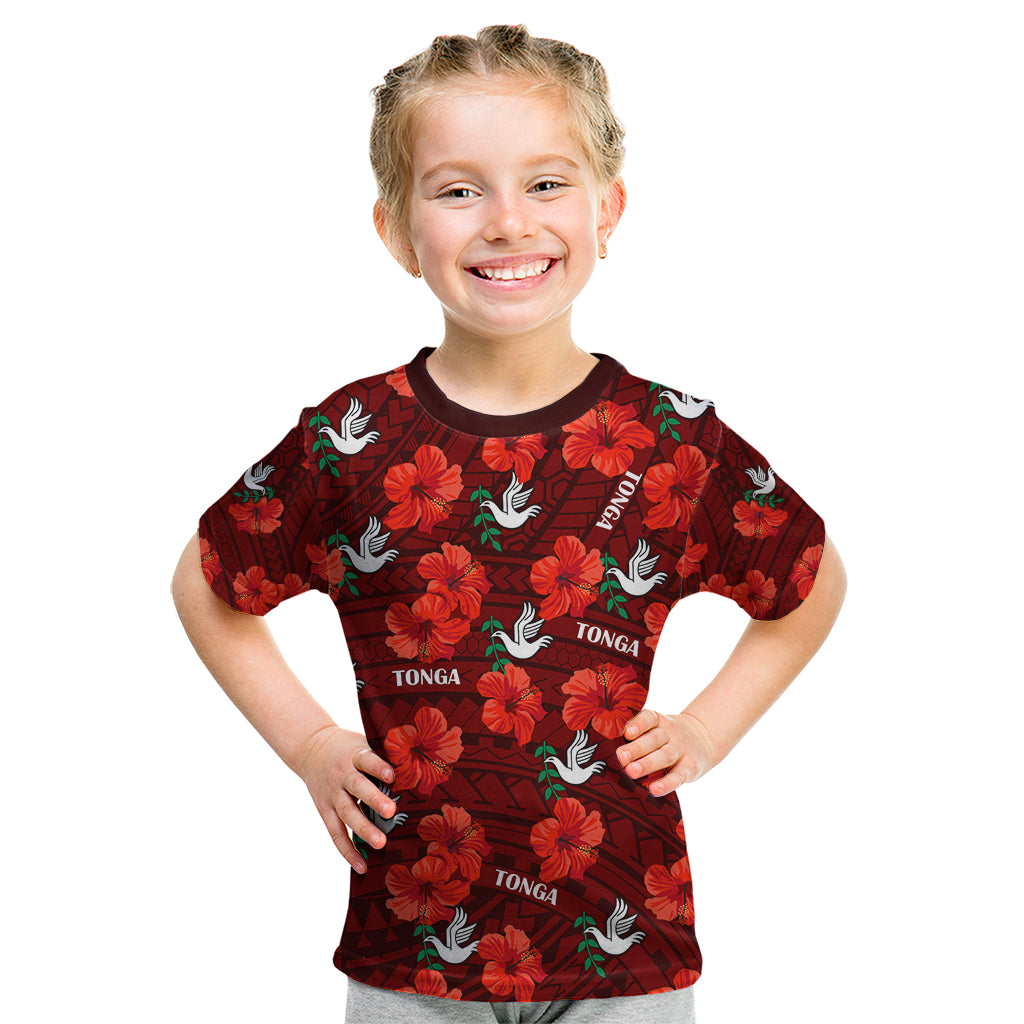 (Custom Text And Number) Tonga Rugby Kid T Shirt Polynesian Style With Hibiscus LT9 Red - Polynesian Pride