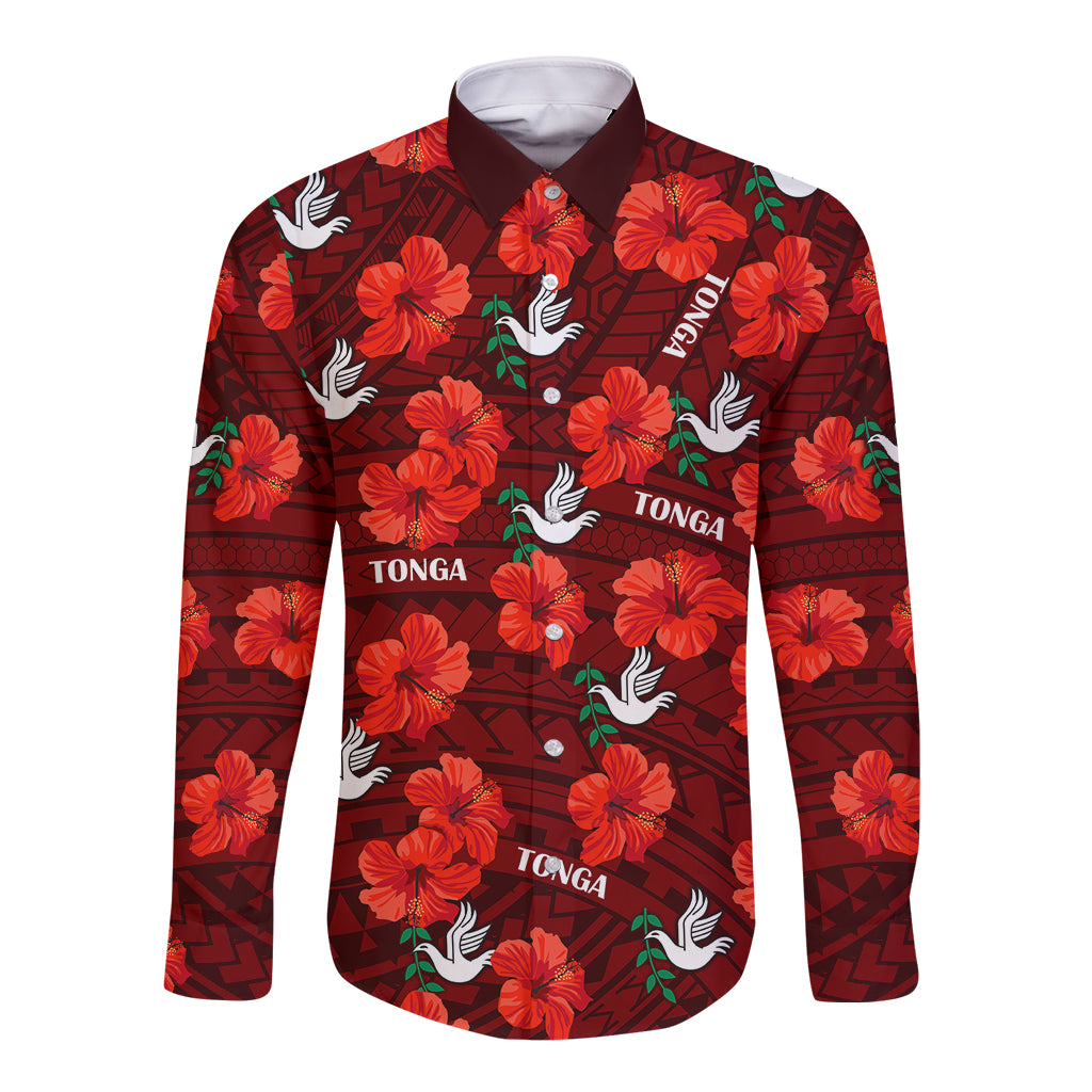 (Custom Text And Number) Tonga Rugby Long Sleeve Button Shirt Polynesian Style With Hibiscus LT9 Unisex Red - Polynesian Pride