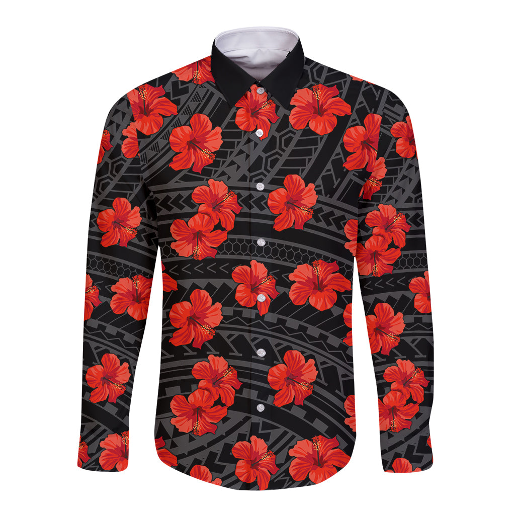 Polynesian Pride Hawaii Style With Hibiscus Long Sleeve Button Shirt Black LT9 Unisex Black - Polynesian Pride