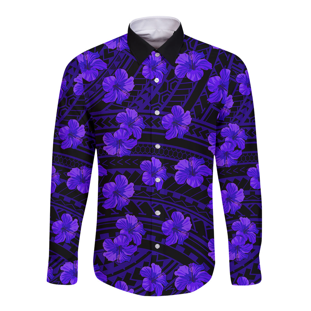 Polynesian Pride Hawaii Style With Hibiscus Long Sleeve Button Shirt Blue LT9 Unisex Blue - Polynesian Pride