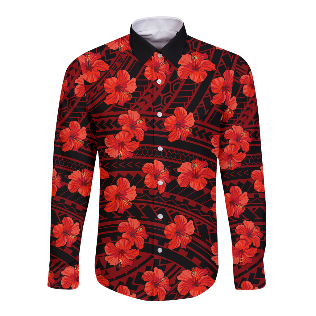 Polynesian Pride Hawaii Style With Hibiscus Long Sleeve Button Shirt Red LT9 Unisex Red - Polynesian Pride