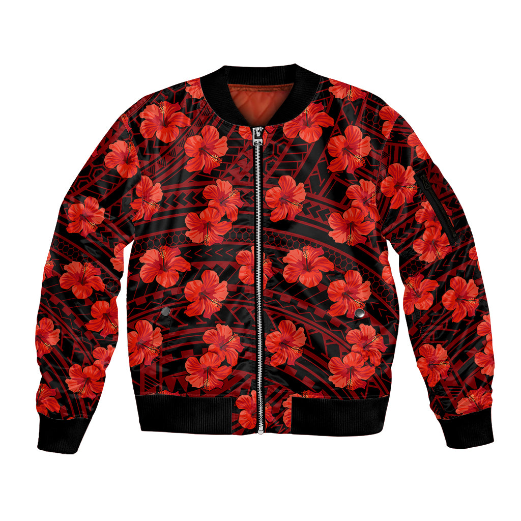 Polynesian Pride Hawaii Style With Hibiscus Sleeve Zip Bomber Jacket Red LT9 Unisex Red - Polynesian Pride