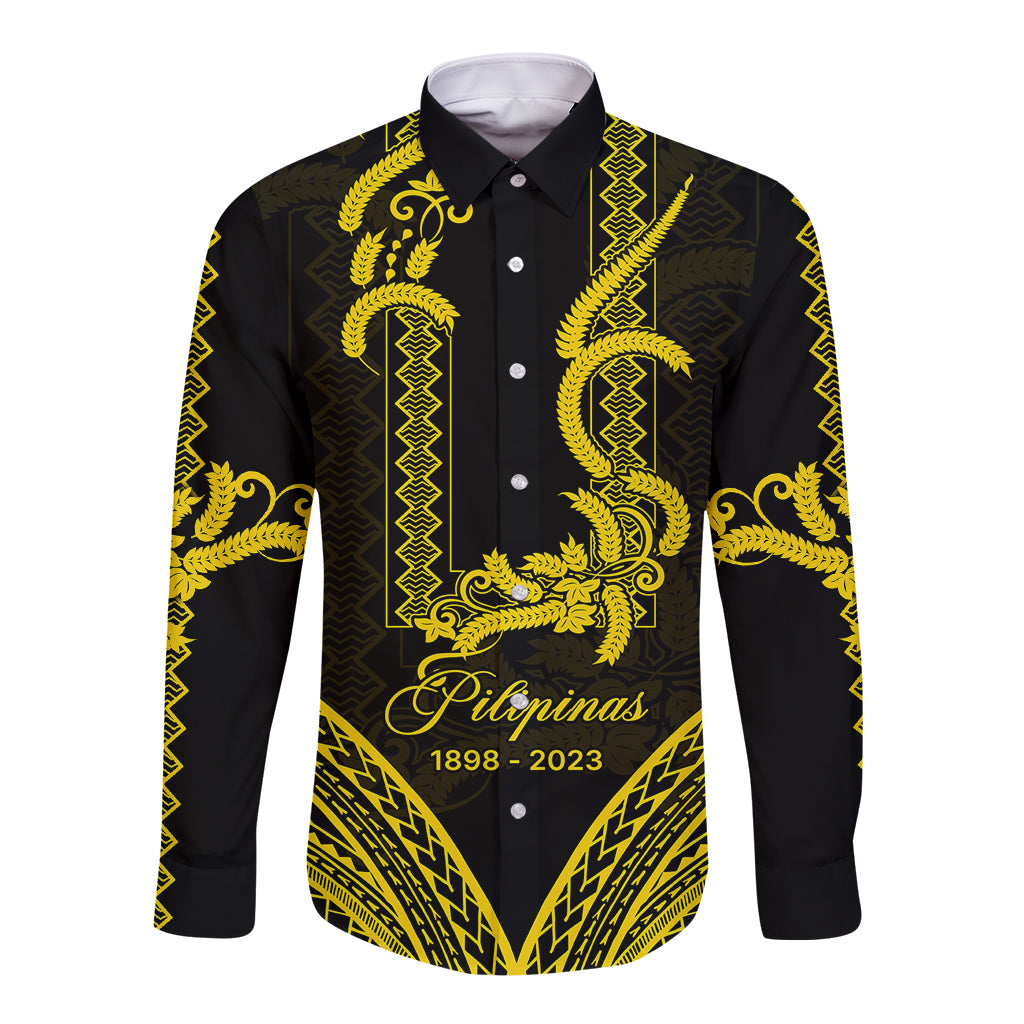 Philippines Independence Day Long Sleeve Button Shirt Pechera With Side Barong Patterns LT9 Unisex Black - Polynesian Pride