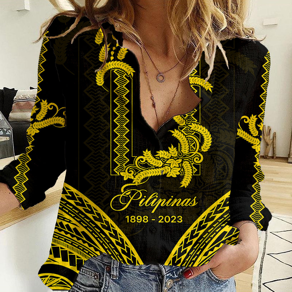 Philippines Independence Day Women Casual Shirt Pechera With Side Barong Patterns LT9 Female Black - Polynesian Pride