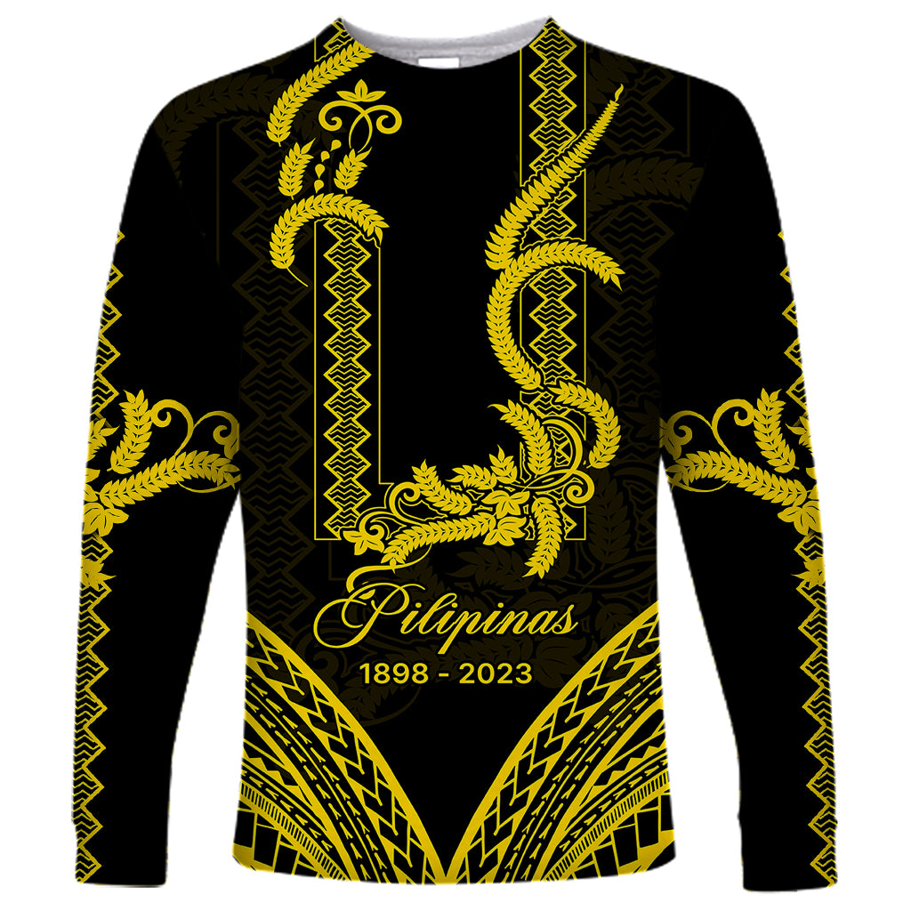 Personalised Philippines Independence Day Long Sleeve Shirt Pechera With Side Barong Patterns LT9 Unisex Black - Polynesian Pride