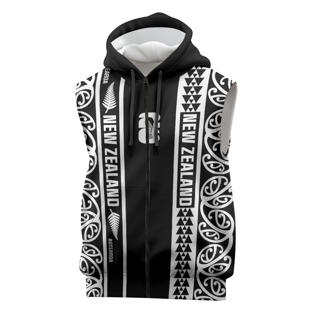 Custom New Zealand Football White Fern Supporter Sleeveless Zip Hoodie LT9 Black - Polynesian Pride