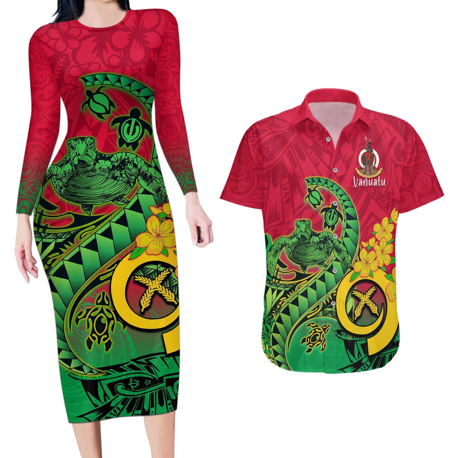 Vanuatu Islands Couples Matching Long Sleeve Bodycon Dress and Hawaiian Shirt Polynesian Tattoo and Sea Turtle LT9 Green - Polynesian Pride