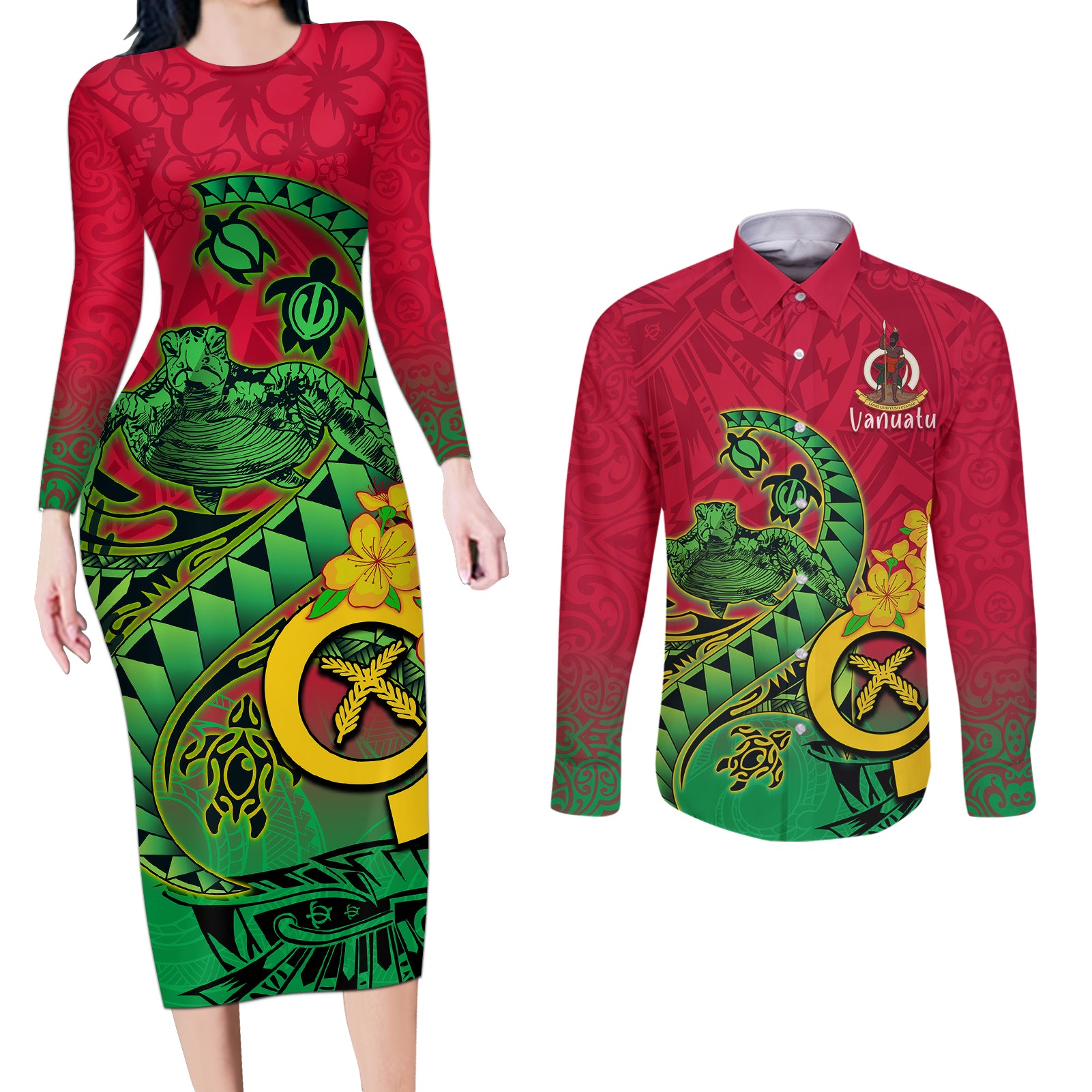 Vanuatu Islands Couples Matching Long Sleeve Bodycon Dress and Long Sleeve Button Shirts Polynesian Tattoo and Sea Turtle LT9 Green - Polynesian Pride