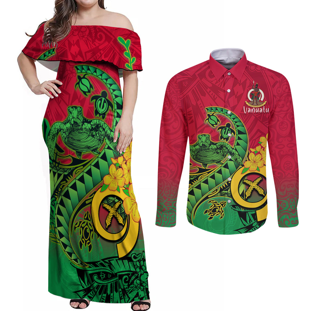 Vanuatu Islands Couples Matching Off Shoulder Maxi Dress and Long Sleeve Button Shirts Polynesian Tattoo and Sea Turtle LT9 Green - Polynesian Pride
