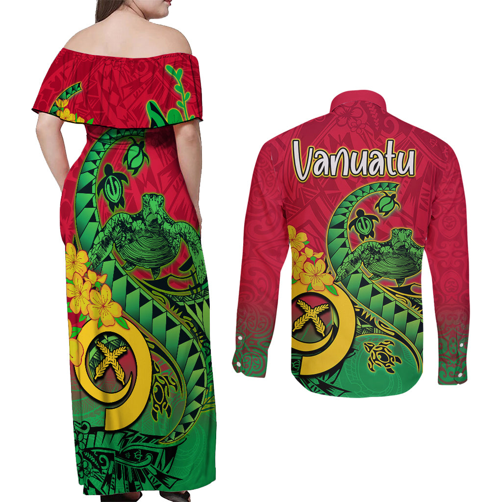 Vanuatu Islands Couples Matching Off Shoulder Maxi Dress and Long Sleeve Button Shirts Polynesian Tattoo and Sea Turtle LT9 - Polynesian Pride