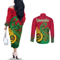 Vanuatu Islands Couples Matching Off The Shoulder Long Sleeve Dress and Long Sleeve Button Shirts Polynesian Tattoo and Sea Turtle LT9 - Polynesian Pride
