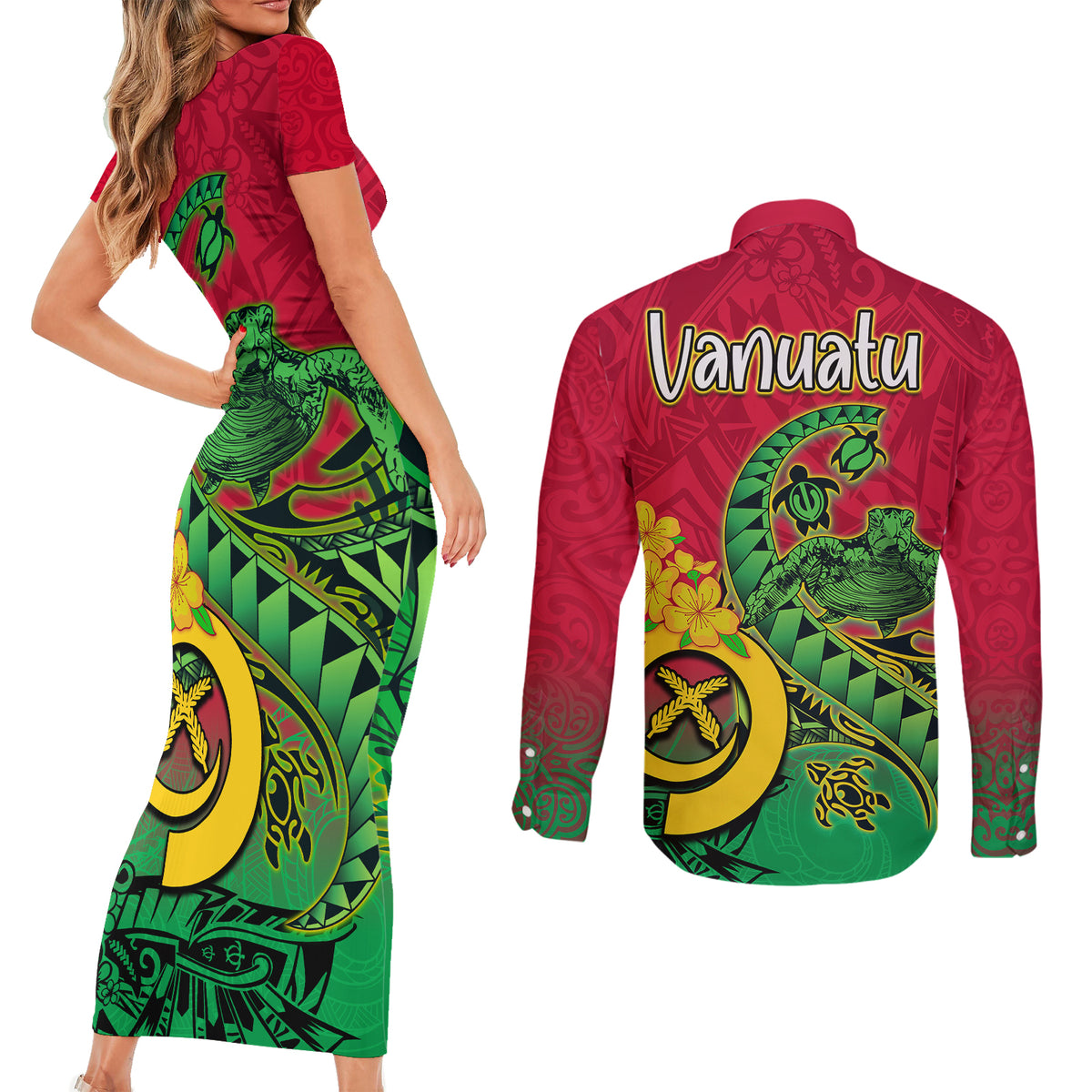 Vanuatu Islands Couples Matching Short Sleeve Bodycon Dress and Long Sleeve Button Shirts Polynesian Tattoo and Sea Turtle LT9 - Polynesian Pride