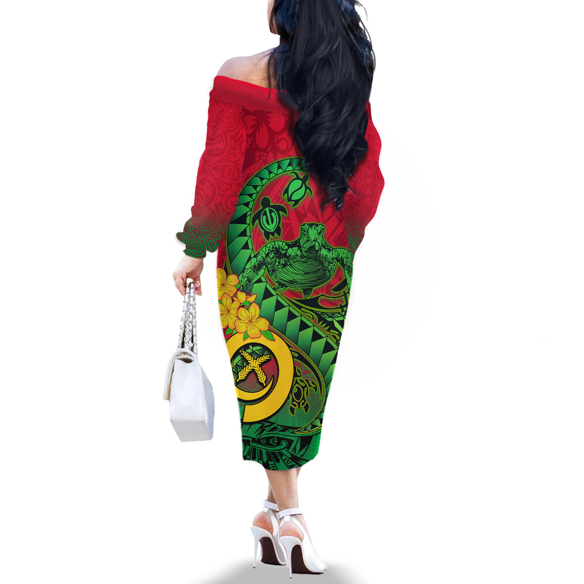 Vanuatu Islands Off The Shoulder Long Sleeve Dress Polynesian Tattoo and Sea Turtle LT9 - Polynesian Pride
