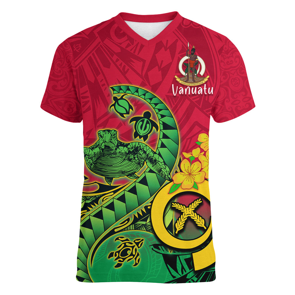 Vanuatu Islands Women V Neck T Shirt Polynesian Tattoo and Sea Turtle LT9 Female Green - Polynesian Pride