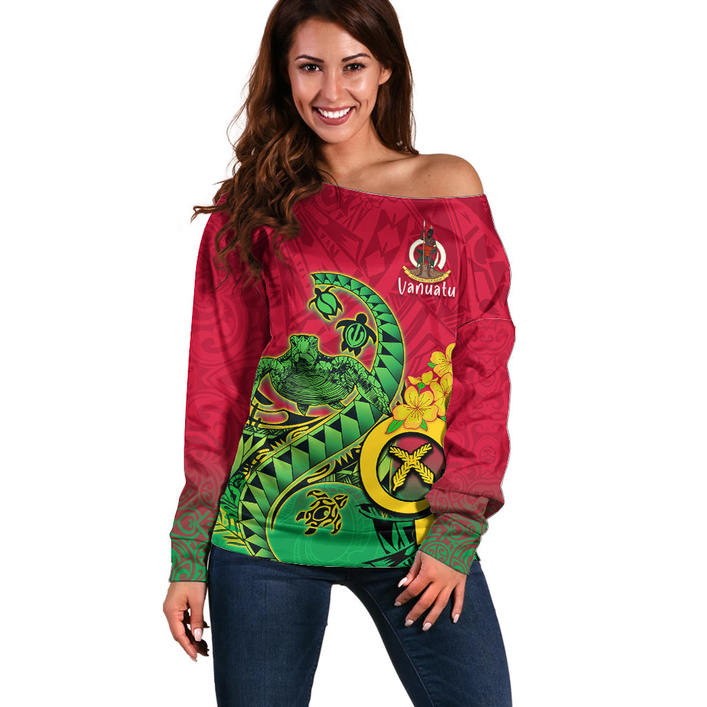Personalised Vanuatu Islands Off Shoulder Sweater Polynesian Tattoo and Sea Turtle LT9 Women Green - Polynesian Pride