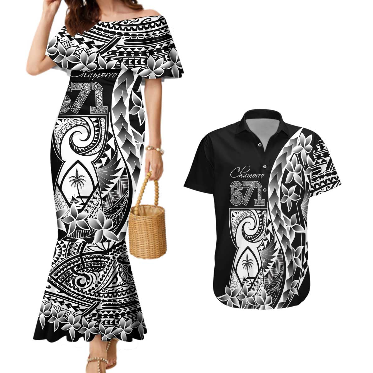 671 Guam Personalised Couples Matching Mermaid Dress and Hawaiian Shirt Latte Stone Tribal