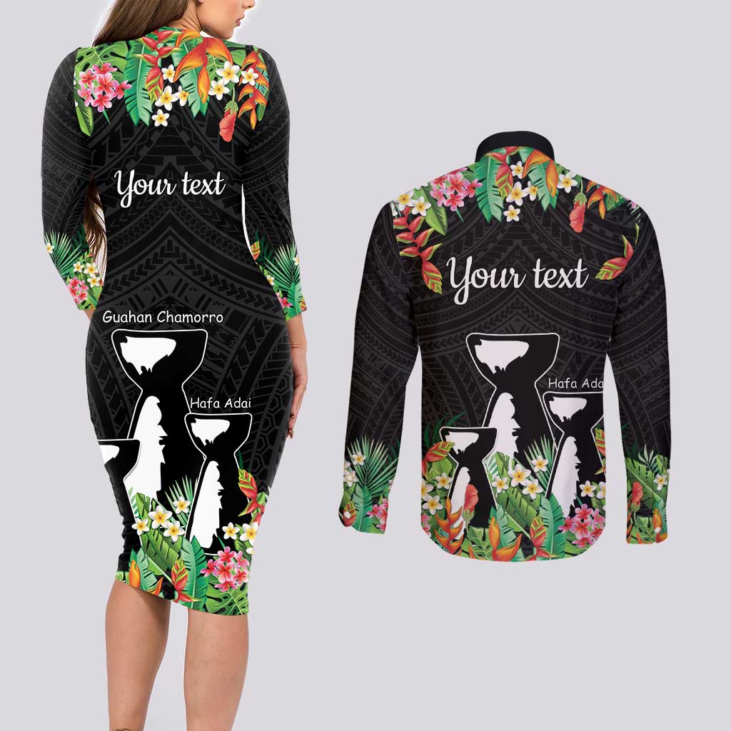 671 Guam Personalised Couples Matching Long Sleeve Bodycon Dress and Long Sleeve Button Shirt Latte Stone and Tropical Flowers